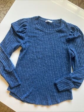 Women's Blue Ribbed Puff-Sleeve Crew Neck Sweater